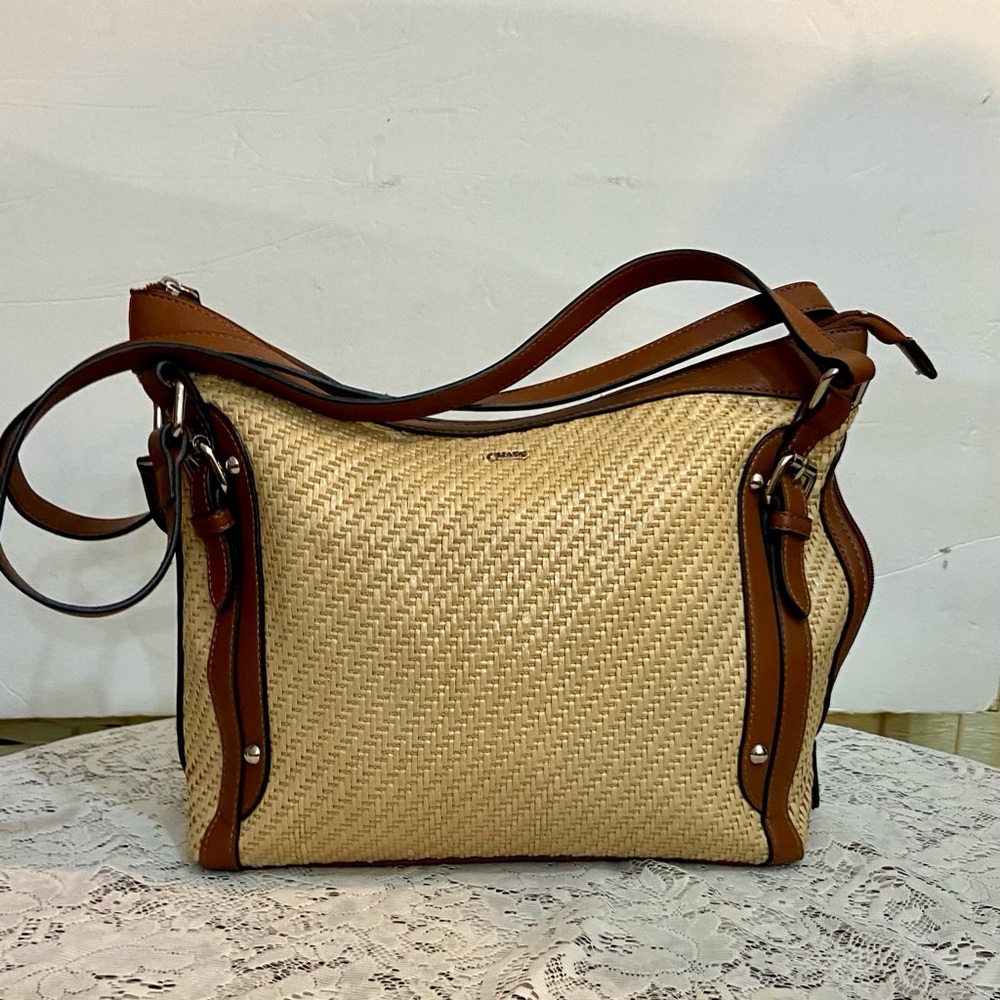 Chaps Beige Shoulder Bag with Brown Leather Strap